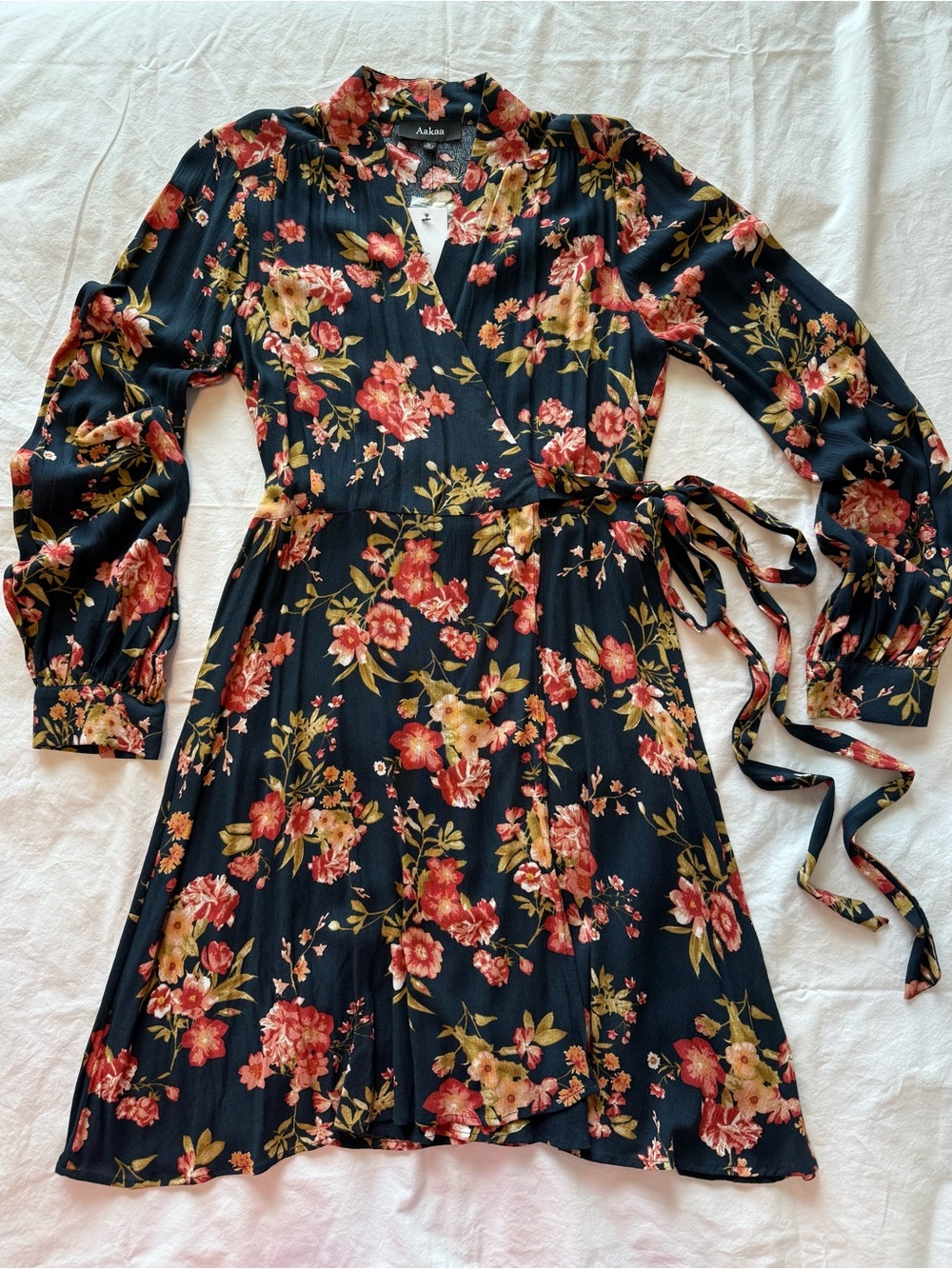 Aakaa Navy Blue Floral Long Sleeve Wrap Dress NWT Large